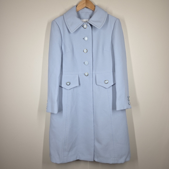 Vintage 70s Harve Benard Light Baby Blue A-Line Overcoat Trench Jacket Button - Picture 1 of 15